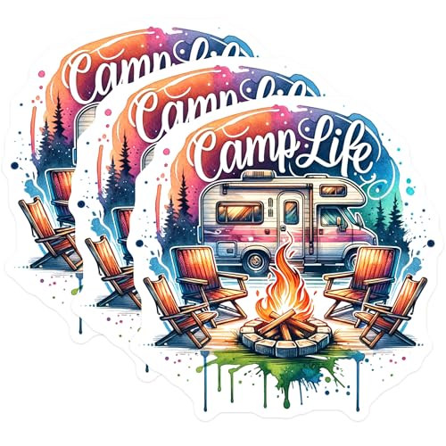 (3 Pack) Camp Life Decals - RV Camping Decal - Bonfire Laptop Stickers- 3 Inches On Longest Side - Easy Peel & Apply - Made in USA - 3MCS5947