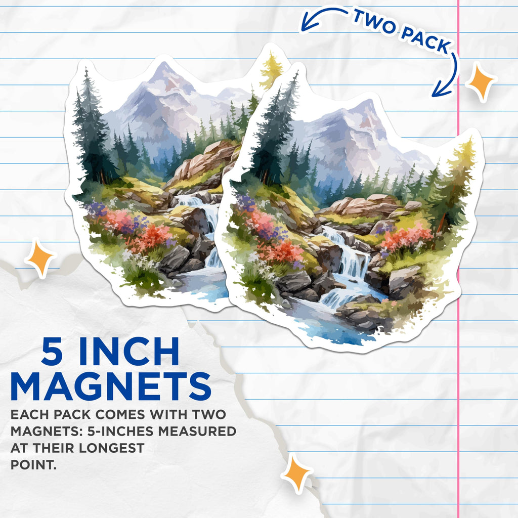 (2 Pack) Mountain Waterfall Magnets - Wilderness Scenery Decor - Tranquil Alpine Art - 5 Inches On Longest Side - Thick Durable Magnet - Made in USA - MAG19637
