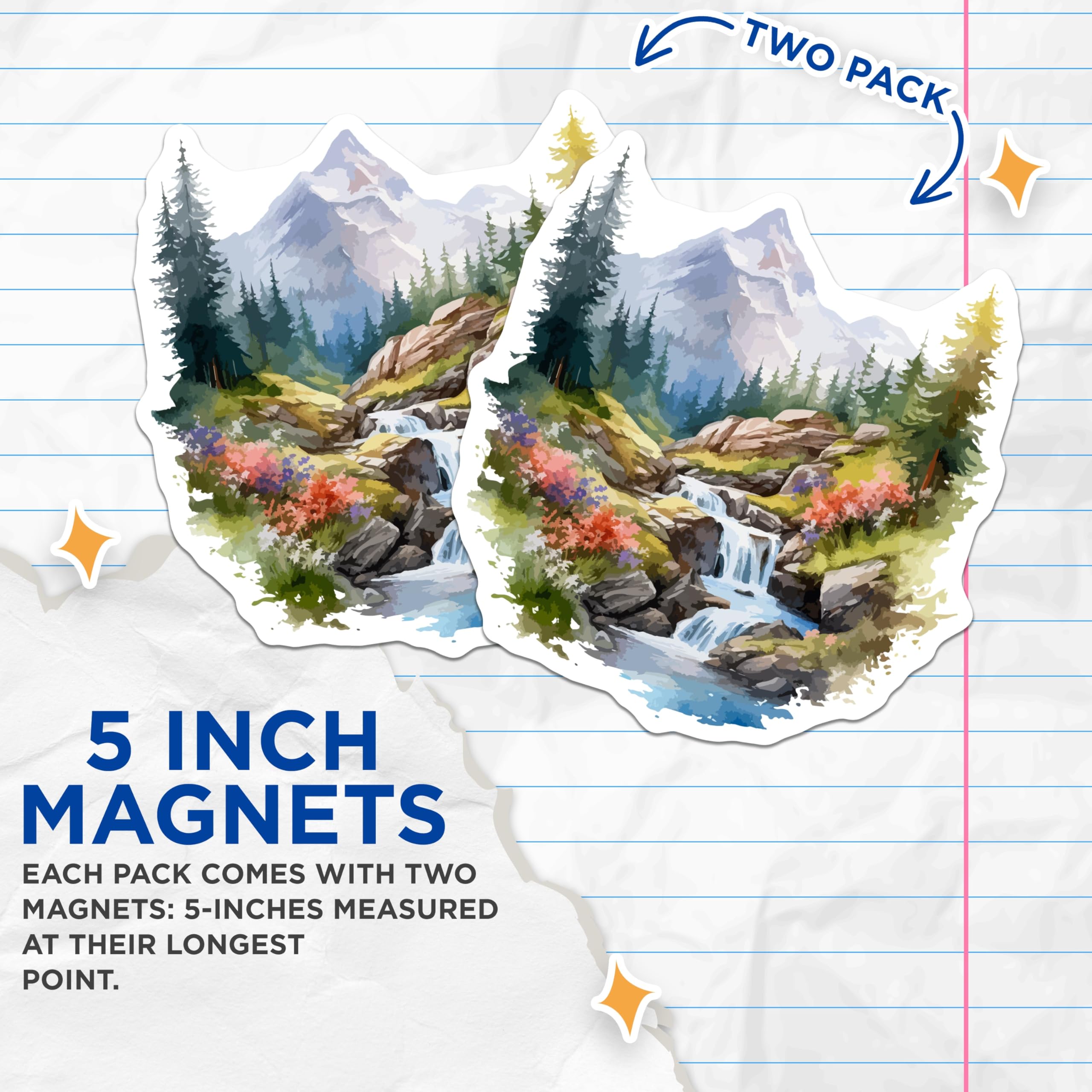 (2 Pack) Mountain Waterfall Magnets - Wilderness Scenery Decor - Tranquil Alpine Art - 5 Inches On Longest Side - Thick Durable Magnet - Made in USA - MAG19637