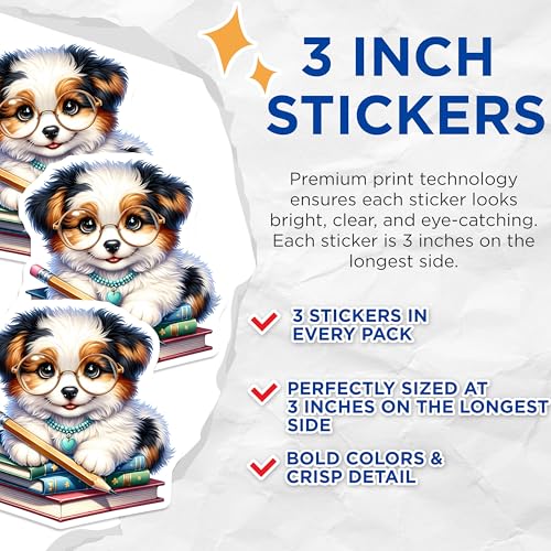 (3 Pack) Puppy Decals - Smart Dog with Glasses - Back to School Decals - 3 Inches On Longest Side - Easy Peel & Apply - Made in USA - 3MCS8155