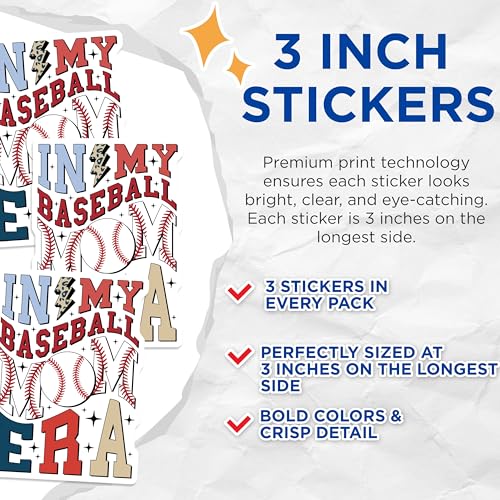 (3 Pack) Baseball Mom Decals - in My Era - Laptop Decals - 3 Inches On Longest Side - Easy Peel & Apply - Made in USA - 3MCS2290