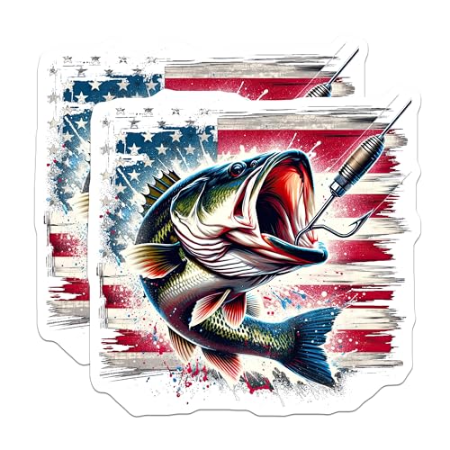 (2 Pack) Bass Fishing Stickers - American Flag - Fishing Lure Decal - Patriotic Fish Sticker - 5" On Longest Side - Sticks to Smooth Flat Surfaces - Made in USA - BMCS5981