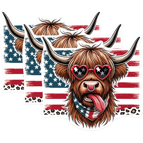 (3 Pack) Highland Cow Decals - American Flag - Funny Cow Decals - 3 Inches On Longest Side - Easy Peel & Apply - Made in USA - 3MCS0973