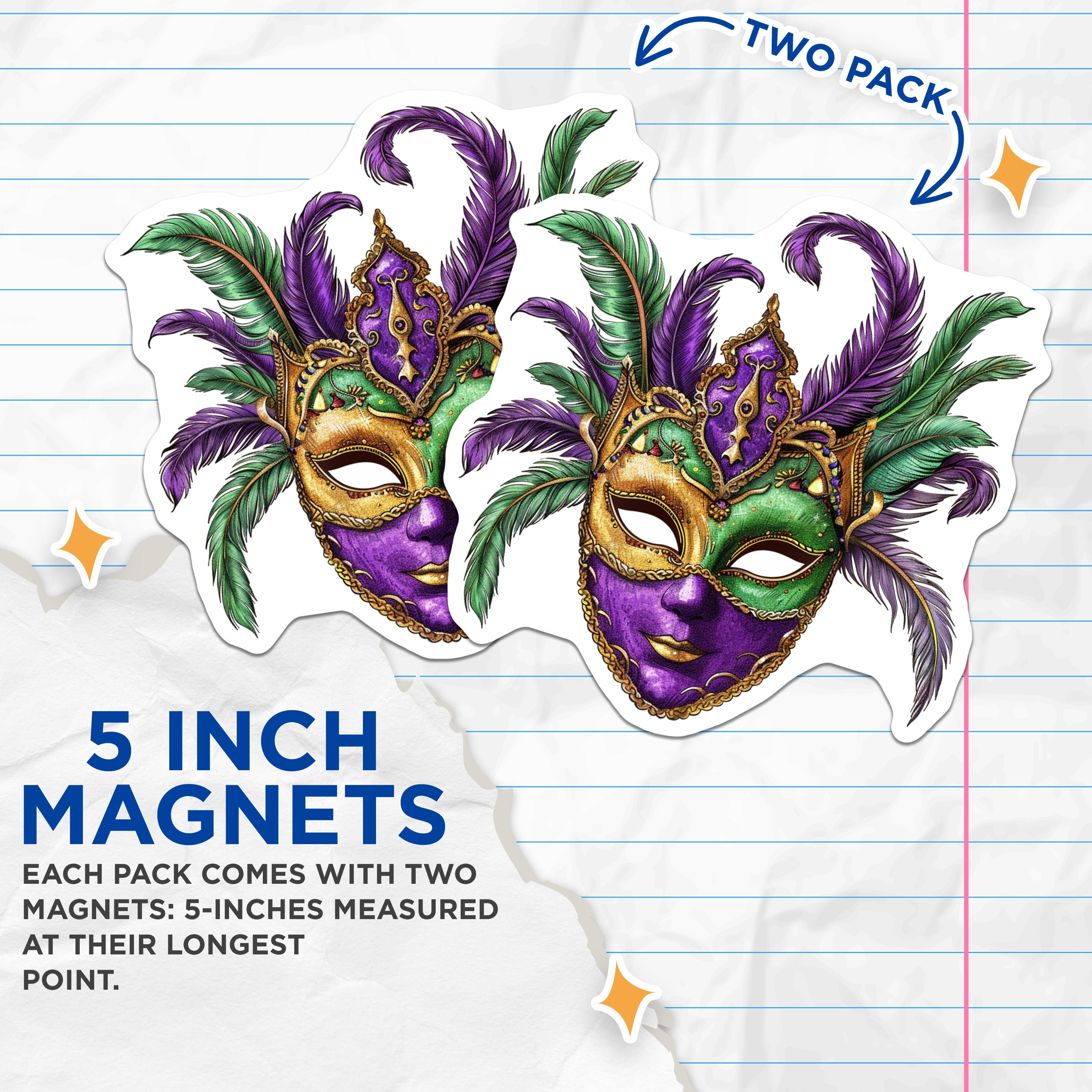 (2 Pack) Mardi Gras Mask Magnets - Venetian Masquerade Party Decor - New Orleans Festive Celebration - 5 Inches On Longest Side - Thick Durable Magnet - Made in USA - MAG36197