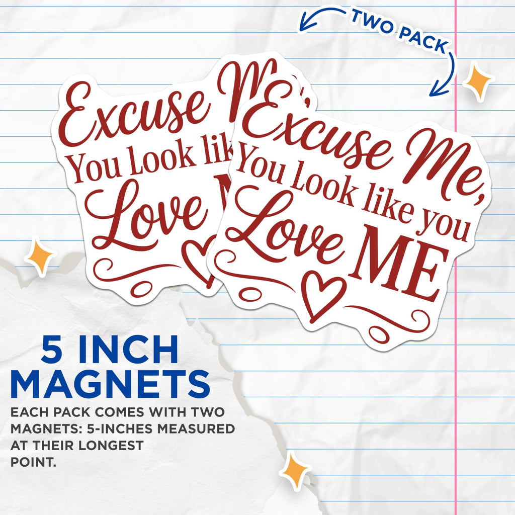 (2 Pack) Excuse Me You Look Like You Love Me Magnets - Romantic Quote Expression - Flirty Fridge Refrigerator Decor - 5 Inches On Longest Side - Thick Durable Magnet - Made in USA - MAG21774
