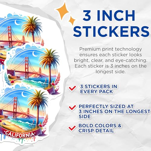 (3 Pack) California Decals - Golden Gate Bridge - Palm Tree Art Decal- 3 Inches On Longest Side - Easy Peel & Apply - Made in USA - 3MCS5792