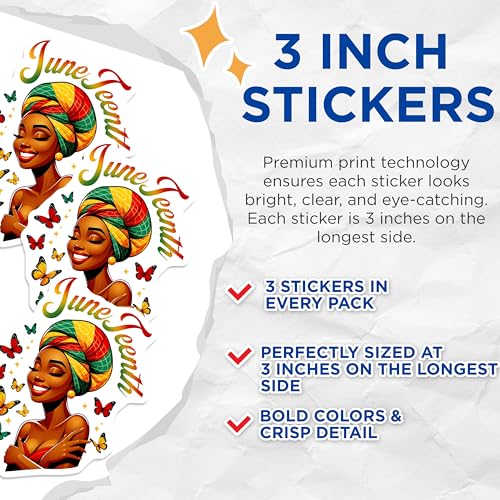 (3 Pack) Juneteenth Decals - Black Woman Art - Butterfly Decal - 3 Inches On Longest Side - Easy Peel & Apply - Made in USA - 3MCS6128