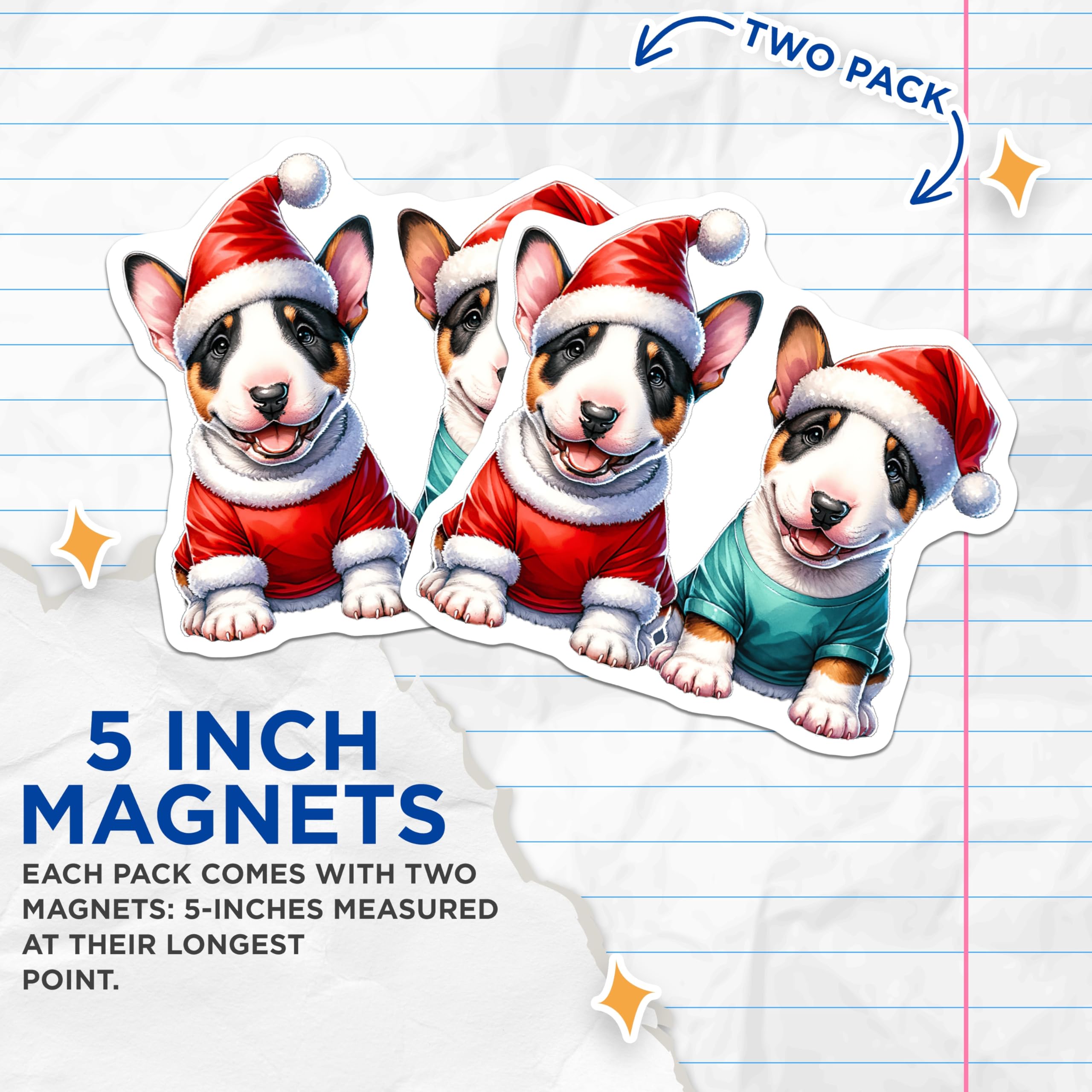 (2 Pack) Christmas Bull Terrier Puppy Magnets - Festive Holiday Dog Decor - Animal Lovers Seasonal Item - 5 Inches On Longest Side - Thick Durable Magnet - Made in USA - MAG23593