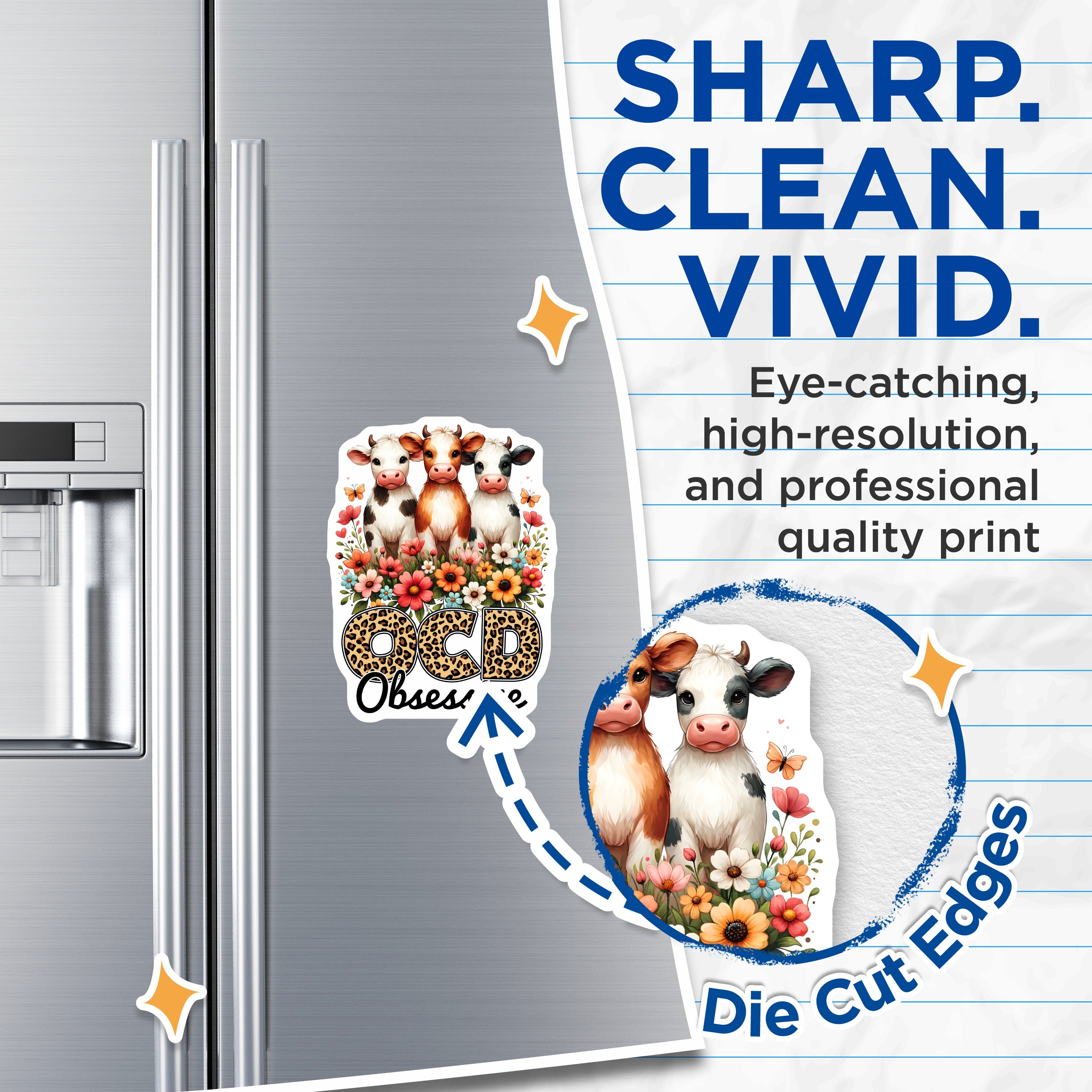 (2 Pack) Obsessive Cow Disorder Magnets - Cute Calf Fridge Decor - Funny Farm Animal Kitchen Accessory - 5 Inches On Longest Side - Thick Durable Magnet - Made in USA - MAG38905