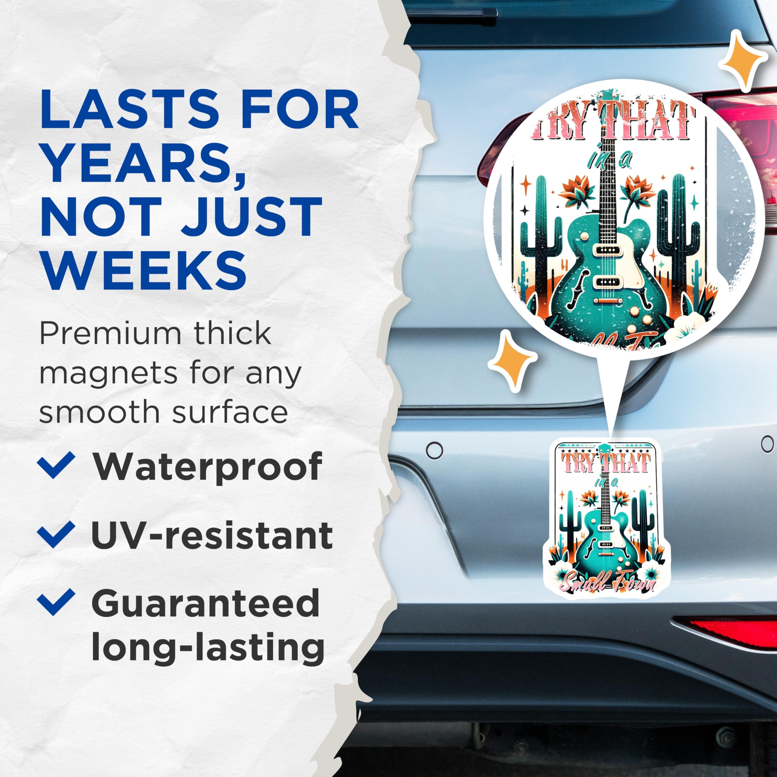 (2 Pack) Try That in a Small Town Magnets - Country Music - Guitar and Cactus Magnets - 5" On Longest Side - Premium Magnet - for Cars, Refrigerators, Toolboxes, Lockers - Made in USA - MAG15545