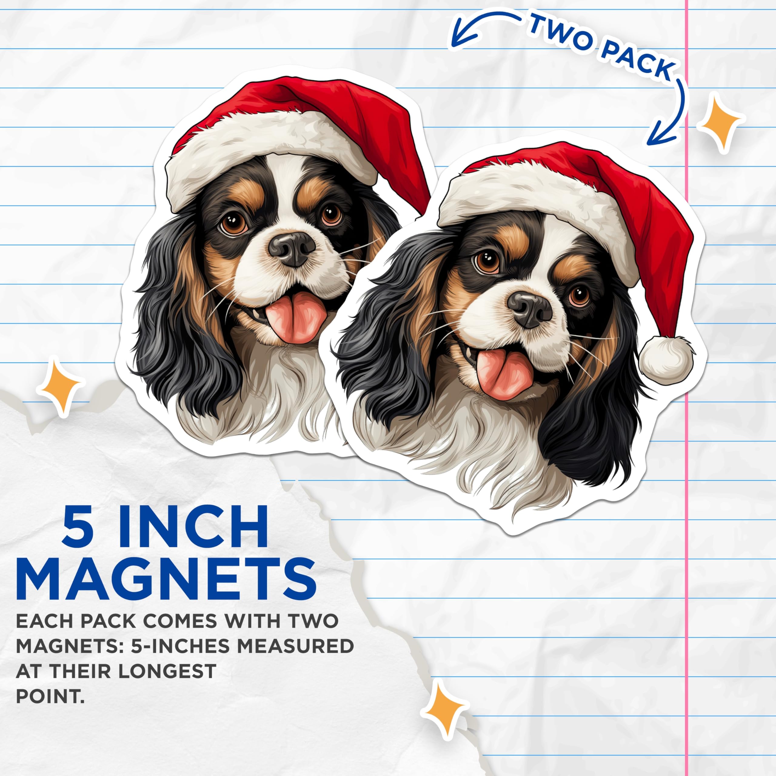 (2 Pack) Cavalier King Charles Spaniel Magnets - Christmas Dog Holiday Decor - Santa Hat Pet Lover Refrigerator Magnet - 5 Inches On Longest Side - Thick Durable Magnet - Made in USA - MAG24060