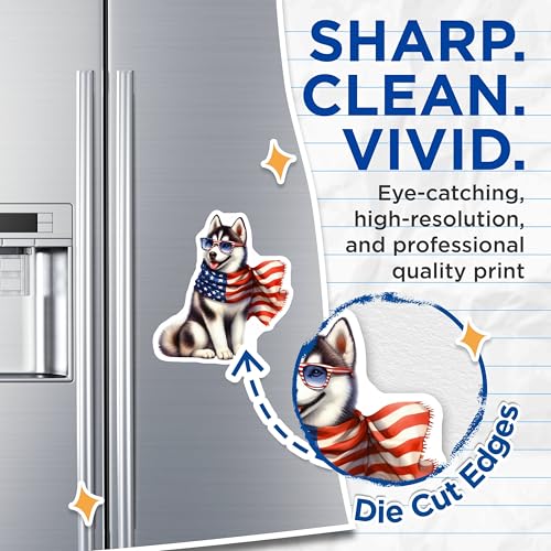 (2 Pack) Patriotic Husky Magnets - Dog Lover Magnet - American Flag Pet Decor - 5" On Longest Side - for Cars, Fridges, Toolboxes - Made in USA - MAG6862