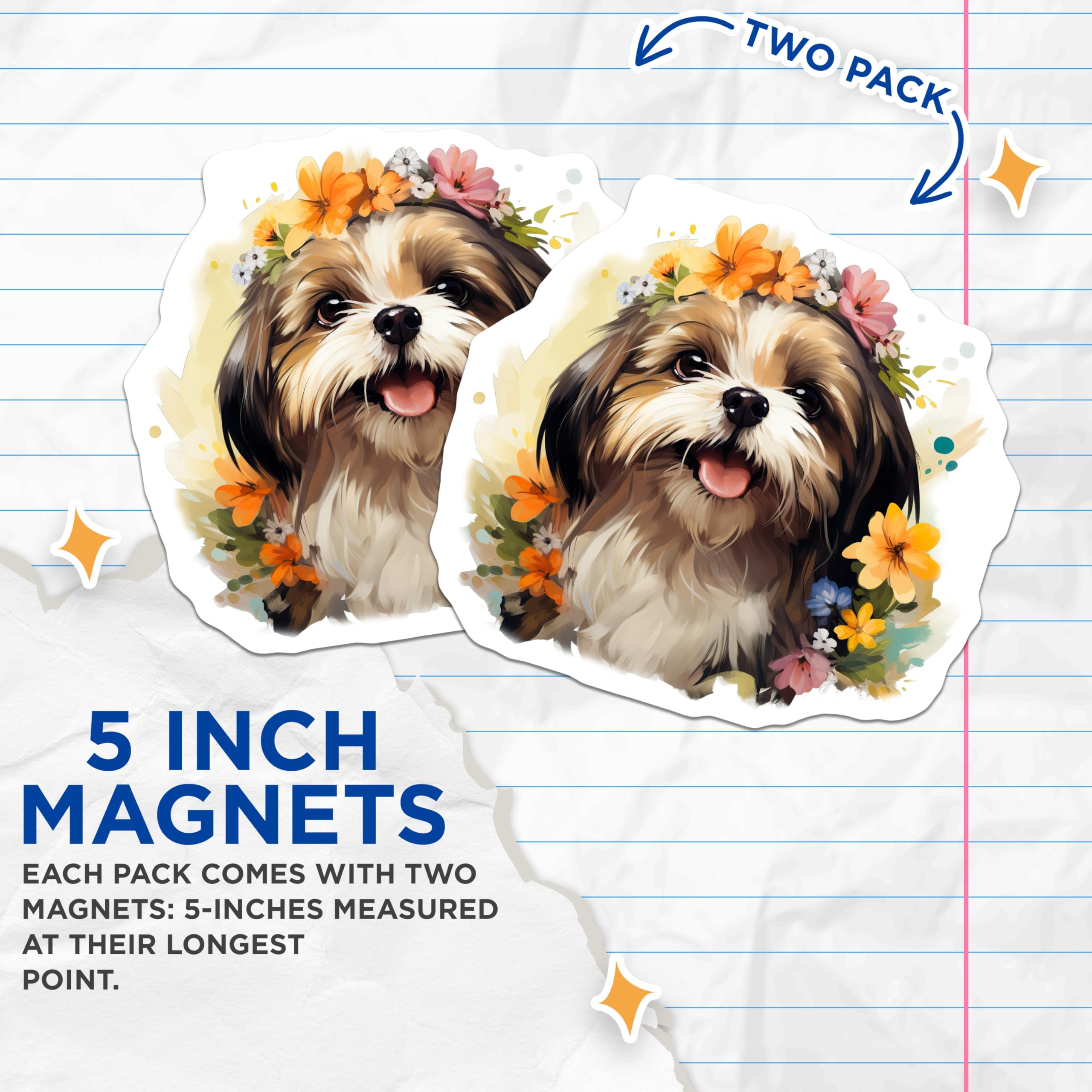 (2 Pack) Shih Tzu Magnets - Watercolor Dog Art - Flower Crown Puppy Accessory - 5 Inches On Longest Side - Thick Durable Magnet - Made in USA - MAG25503