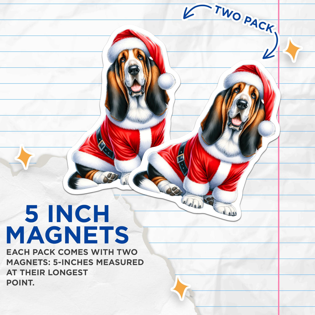 (2 Pack) Basset Hound Santa Magnets - Christmas Dog Refrigerator Decor - Holiday Pet Artwork - 5 Inches On Longest Side - Thick Durable Magnet - Made in USA - MAG29593