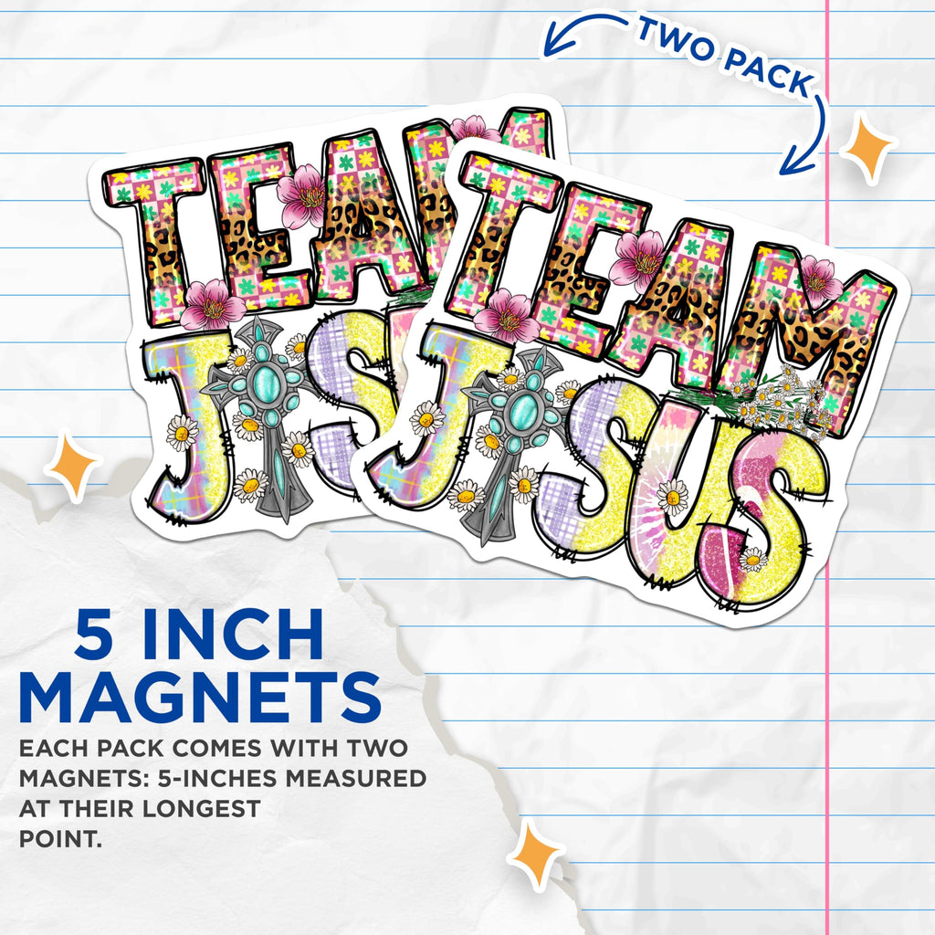 (2 Pack) Team Jesus Magnets - Christian Faith Decor - Boho Leopard Daisy Cross - Spiritual Refrigerator Art - 5 Inches On Longest Side - Thick Durable Magnet - Made in USA - MAG30651