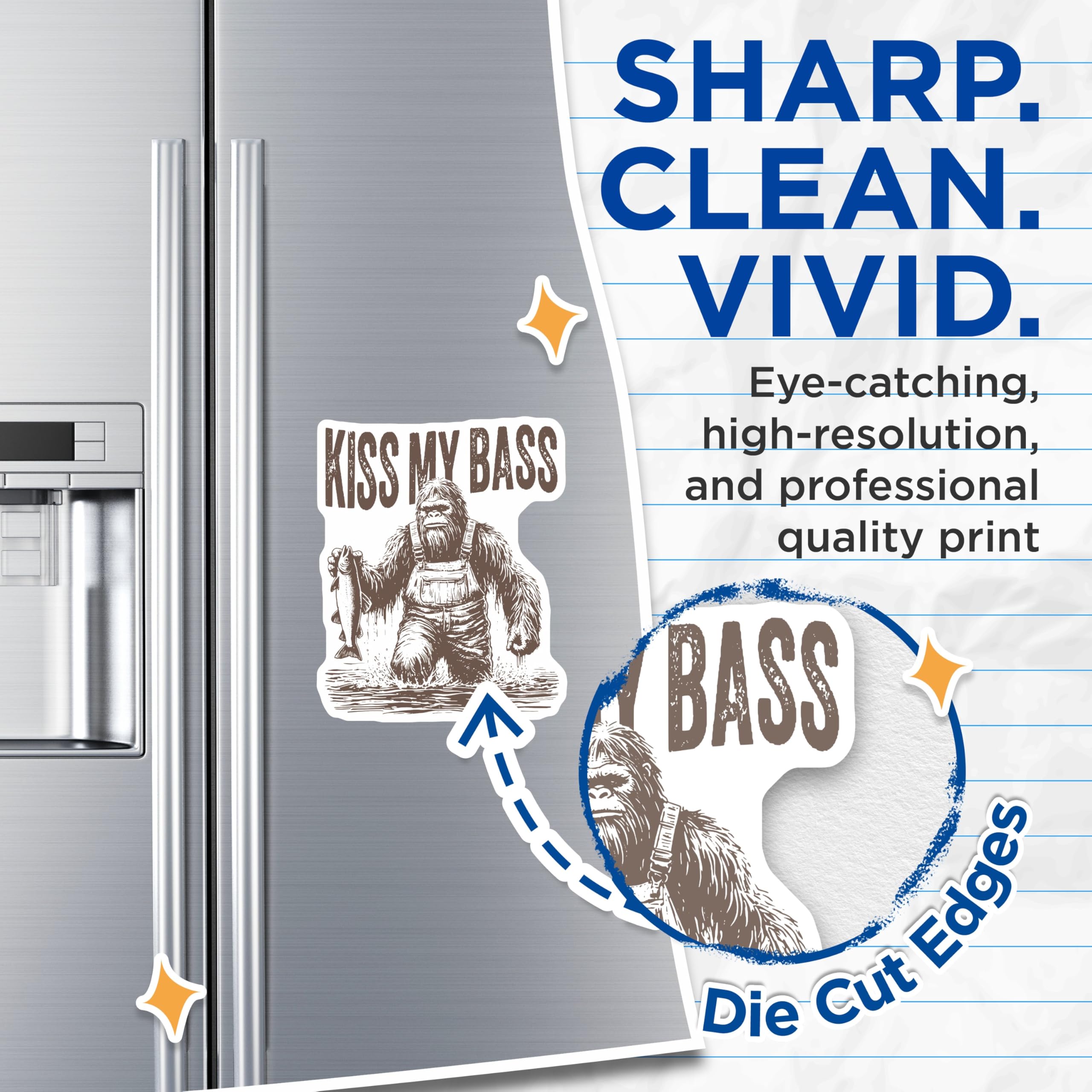 (2 Pack) Humorous Fishing Magnets - Sasquatch Bigfoot Angler Kitchen Decor - Kiss My Bass Refrigerator Magnets - 5 Inches On Longest Side - Thick Durable Magnet - Made in USA - MAG21158