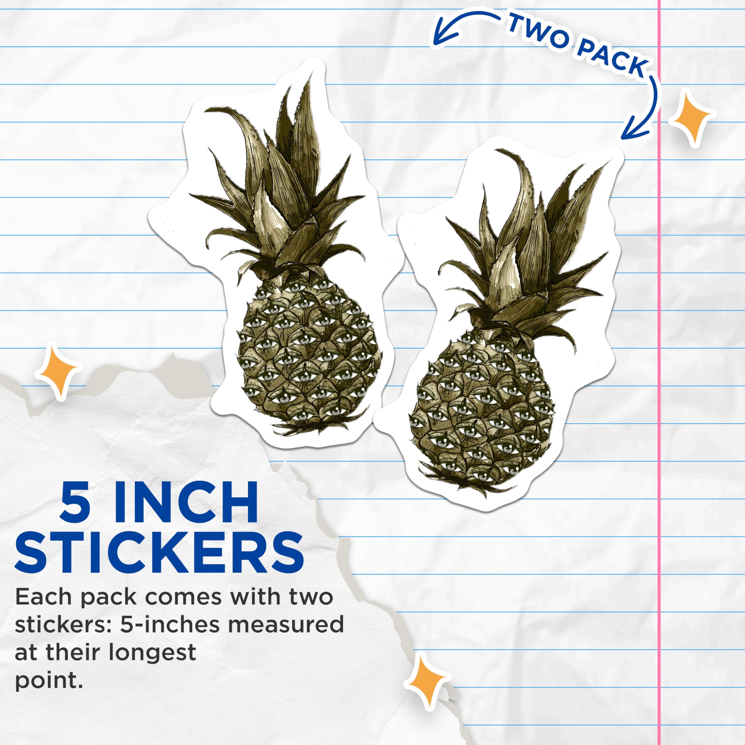 (2 Pack) Pineapple Stickers - Third Eye Fruit Stickers - Unique Fruit Stickers- 5" On Longest Side - Sticks to Smooth Flat Surfaces - Made in USA - BMCS16999