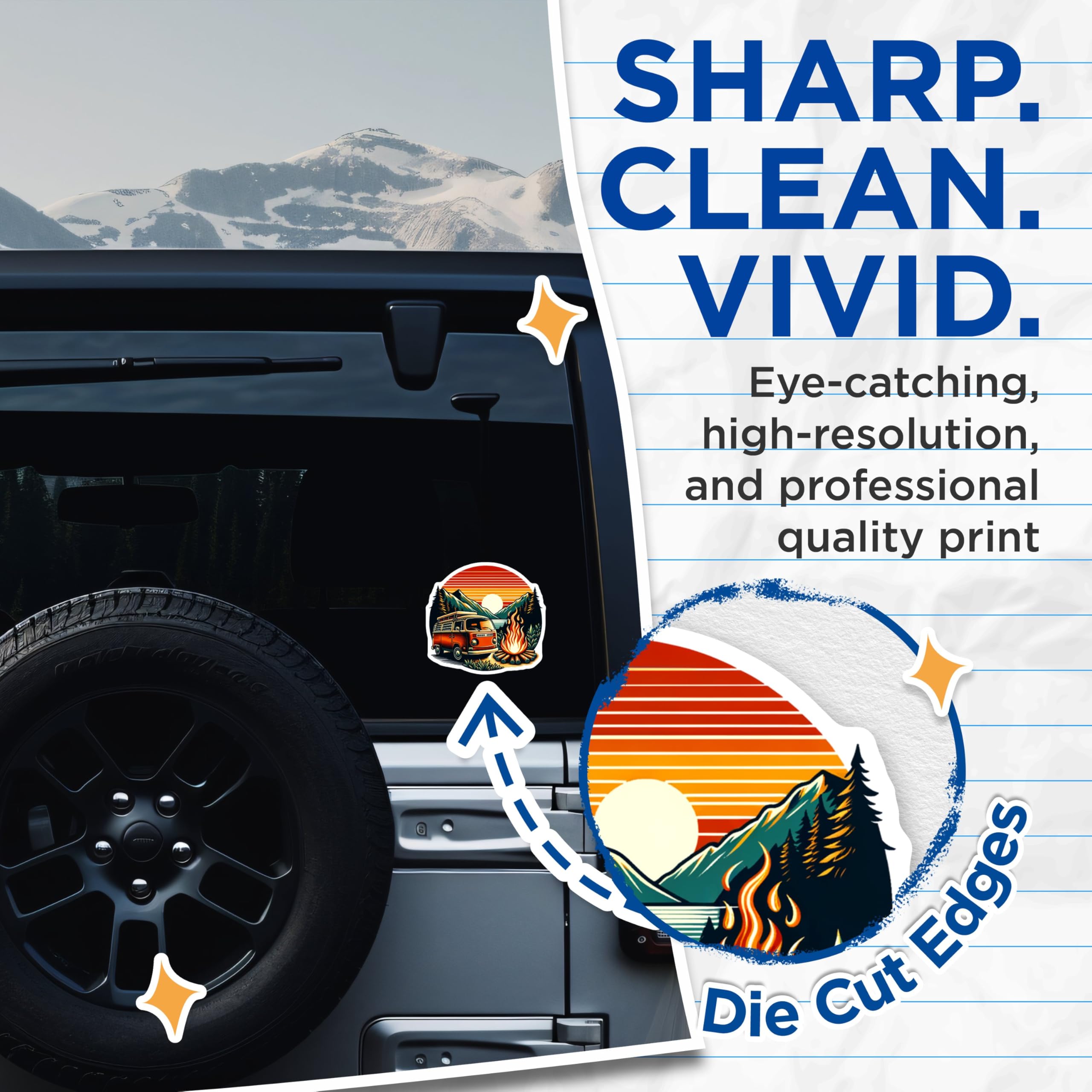 (2 Pack) Camper Van Stickers - Scenic Sunset Decal - Outdoor Adventure Sticker - 5" On Longest Side - Sticks to Smooth Flat Surfaces - Made in USA - BMCS6418
