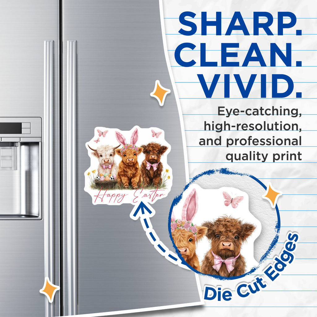 (2 Pack) Highland Cow Easter Magnets - Cute Baby Calf Spring Decor - Farm Animal Kitchen Fridge Magnet - 5 Inches On Longest Side - Thick Durable Magnet - Made in USA - MAG36978