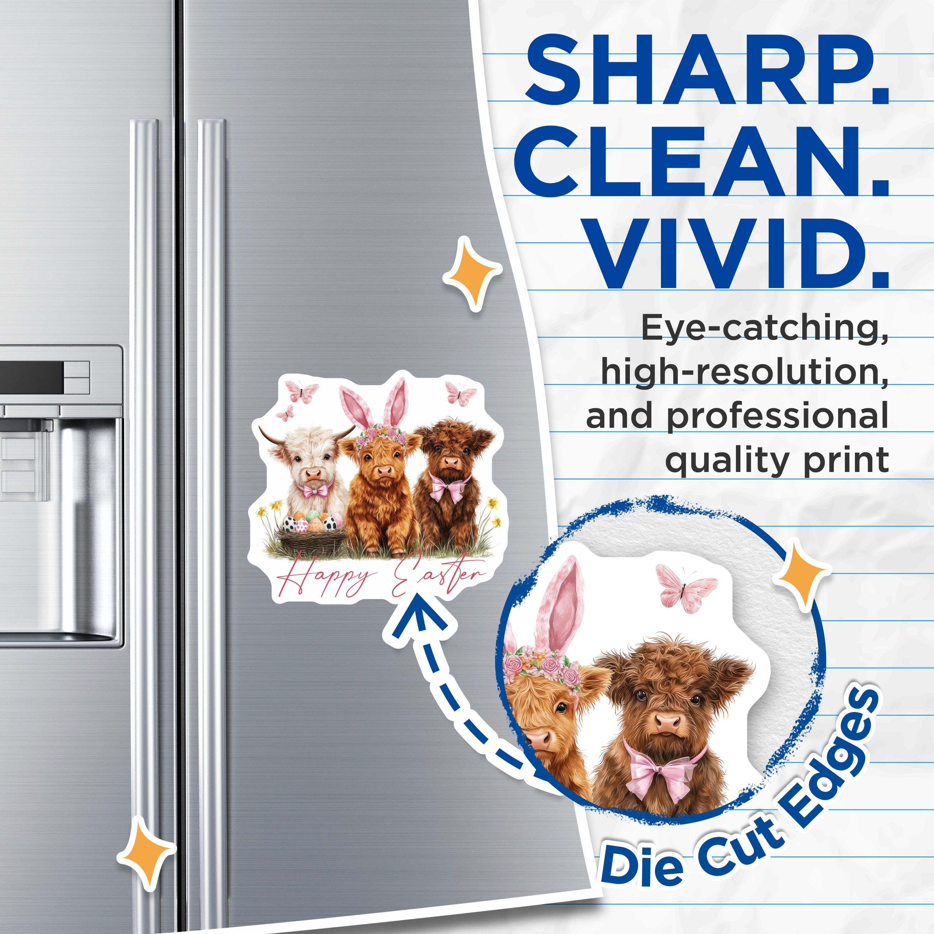 (2 Pack) Highland Cow Easter Magnets - Cute Baby Calf Spring Decor - Farm Animal Kitchen Fridge Magnet - 5 Inches On Longest Side - Thick Durable Magnet - Made in USA - MAG36978