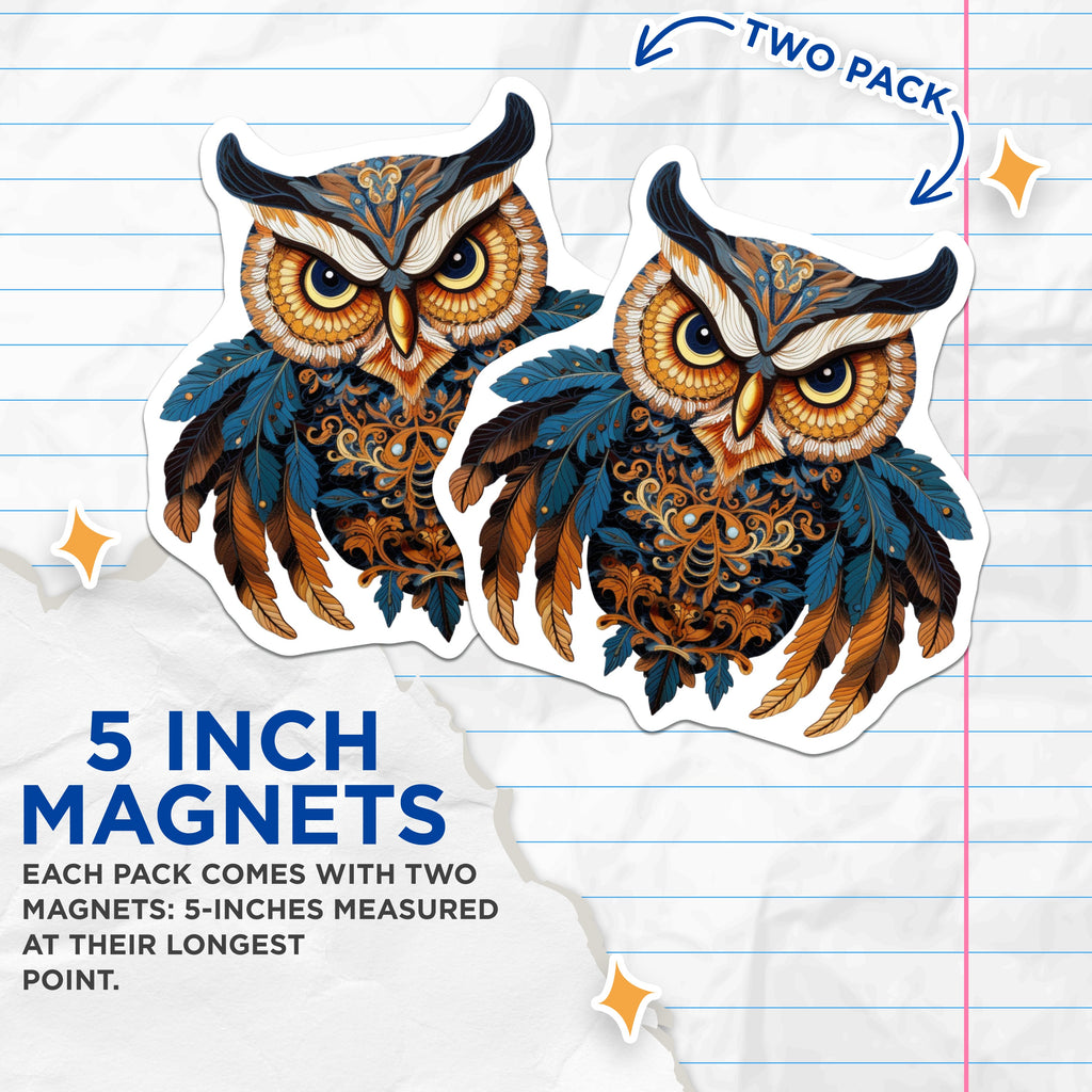 (2 Pack) Blue Gold Owl Magnets - Intricate Mandala Folk Art - Spiritual Wisdom Kitchen Decor - 5 Inches On Longest Side - Thick Durable Magnet - Made in USA - MAG36652