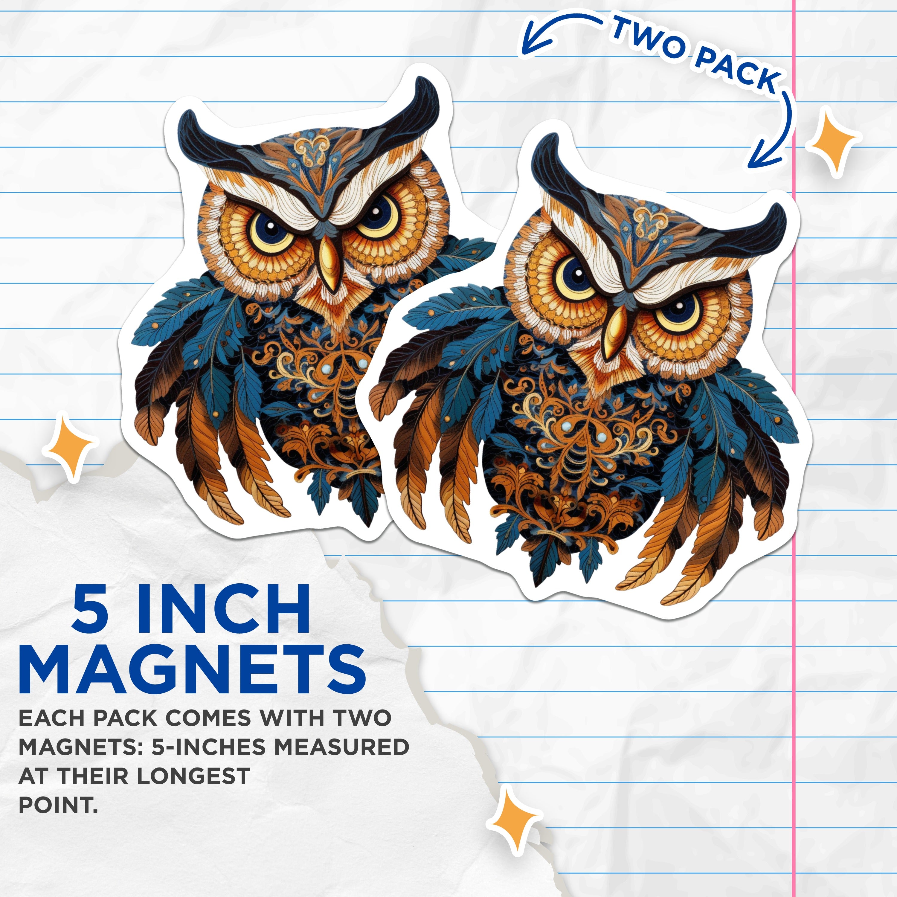 (2 Pack) Blue Gold Owl Magnets - Intricate Mandala Folk Art - Spiritual Wisdom Kitchen Decor - 5 Inches On Longest Side - Thick Durable Magnet - Made in USA - MAG36652