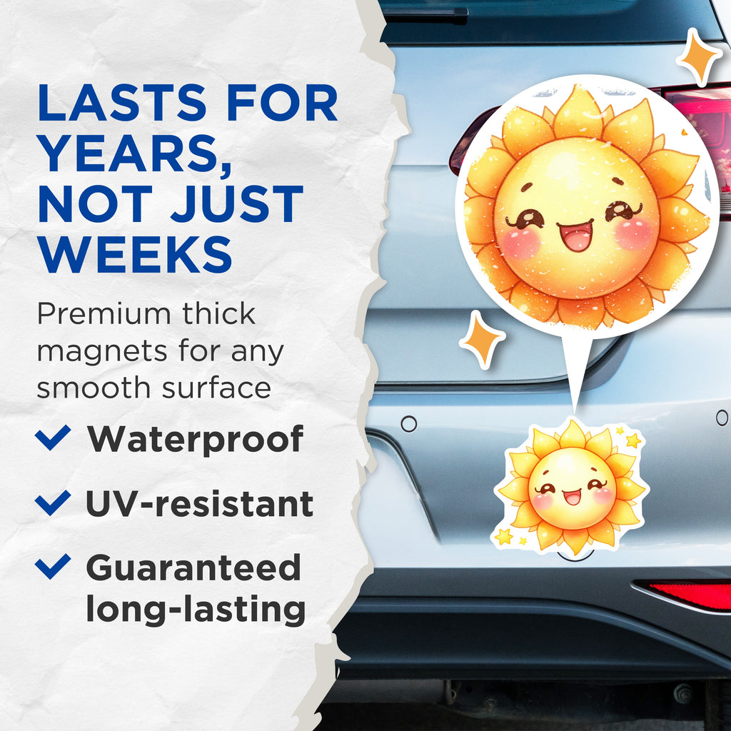 (2 Pack) Kawaii Sun Magnets - Cute Happy Smiling Sun Refrigerator Decor - Positive Vibe Sunny Kitchen Decor - 5 Inches On Longest Side - Thick Durable Magnet - Made in USA - MAG38543