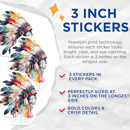 (3 Pack) Native American Decals - Watercolor Chief - Laptop Decal Stickers - 3 Inches On Longest Side - Easy Peel & Apply - Made in USA - 3MCS7778