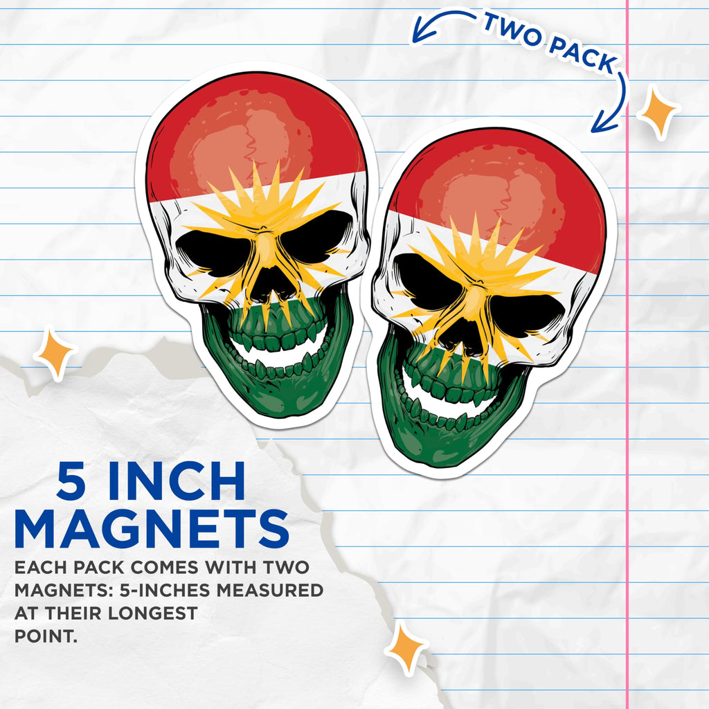 (2 Pack) Kurdish Flag Skull Magnets - Kurdistan Pride - Patriotic Decor - 5" On Longest Side - Premium Magnet - for Cars, Refrigerators, Toolboxes, Lockers - Made in USA - MAG18338