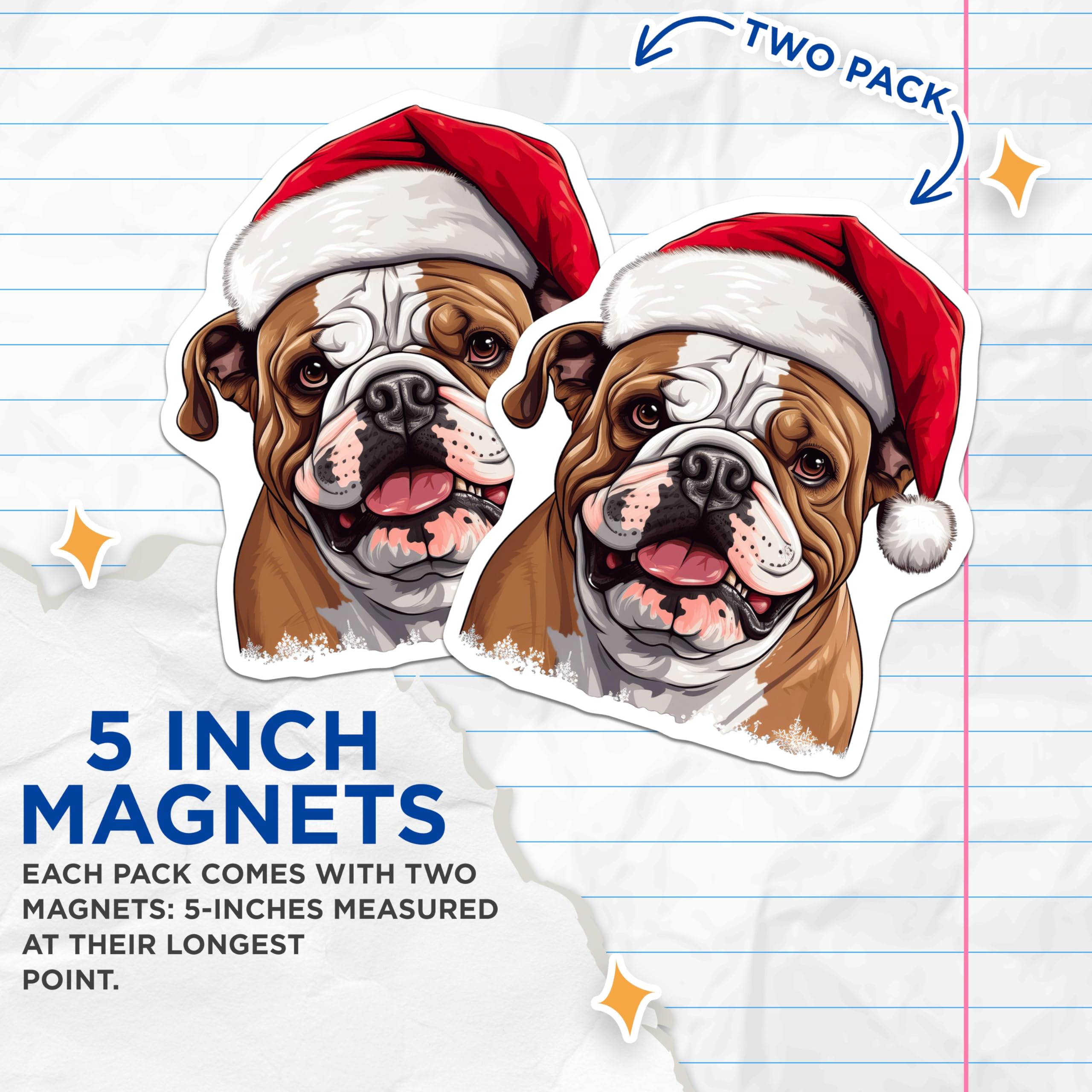 (2 Pack) Christmas Bulldog Refrigerator Magnets - Santa Hat Dog Decor - Holiday Pet Animal Lover - 5 Inches On Longest Side - Thick Durable Magnet - Made in USA - MAG26450