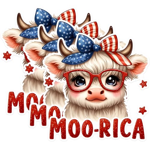 (3 Pack) Patriotic Cow Decals - Moo Rica - Fourth of July Decorations - 3 Inches On Longest Side - Easy Peel & Apply - Made in USA - 3MCS1541
