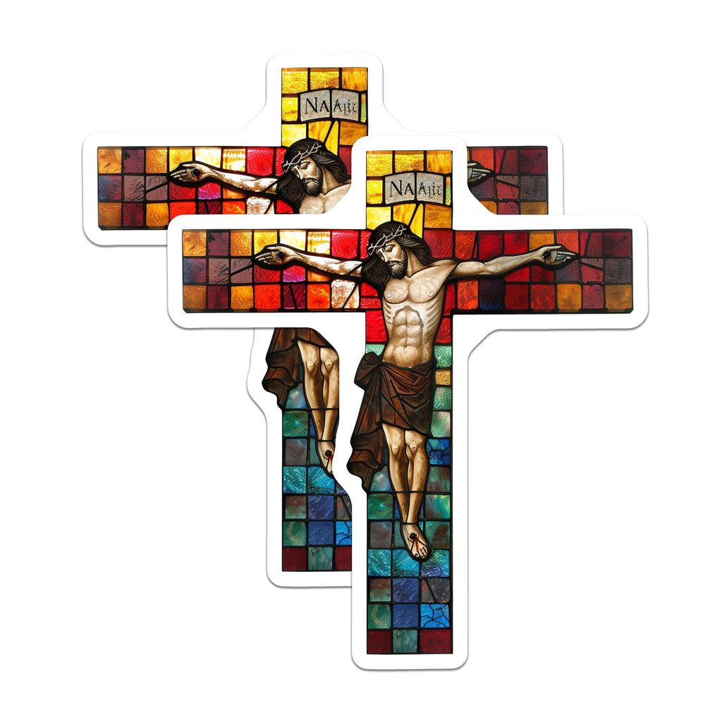 (2 Pack) Jesus Crucifix Magnets - Faux Stained Glass Effect - Christian Religious Art Home Decor - 5 Inches On Longest Side - Thick Durable Magnet - Made in USA - MAG36119