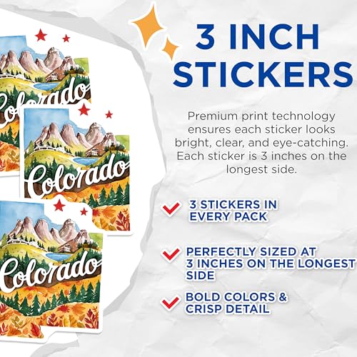 (3 Pack) Colorado Decals - Watercolor Landscape Decal - State Pride Stickers- 3 Inches On Longest Side - Easy Peel & Apply - Made in USA - 3MCS5039