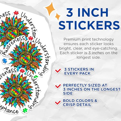 (3 Pack) Autism Awareness Decals - Sunflower Autism Puzzle Piece - Understanding Acceptance Stickers - 3 Inches On Longest Side - Easy Peel & Apply - Made in USA - 3MCS1638