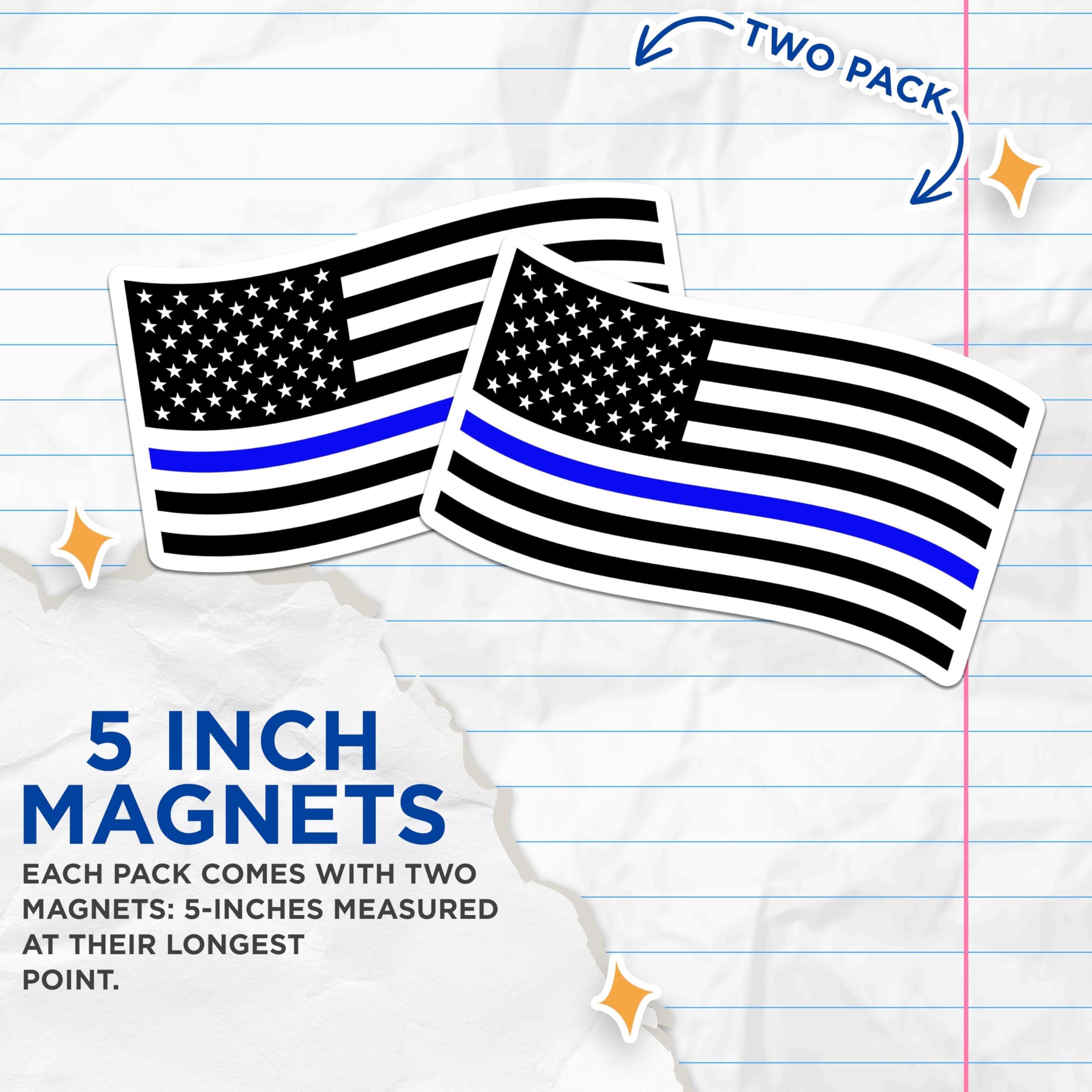 (2 Pack) Thin Blue Line Magnets - Police Support Flag - Law Enforcement Officer Support - First Responder Emblem - 5 Inches On Longest Side - Thick Durable Magnet - Made in USA - MAG20526