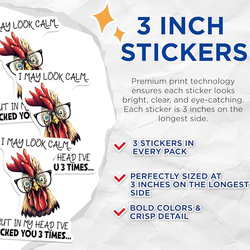 (3 Pack) Funny Chicken Decals - Sarcastic Chicken - Laptop Decals - 3 Inches On Longest Side - Easy Peel & Apply - Made in USA - 3MCS6505