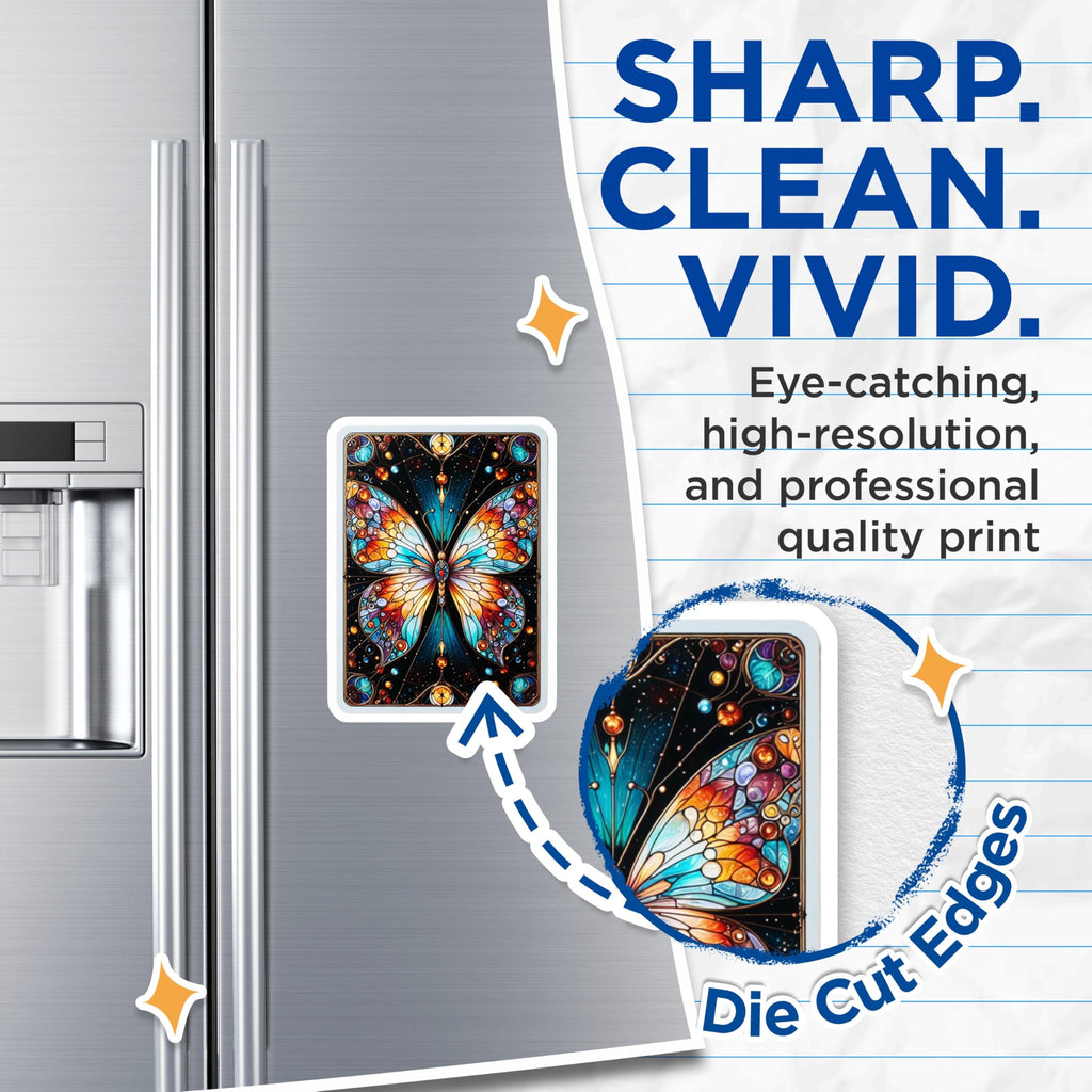 (2 Pack) Stained Glass Butterfly Magnets - Vibrant Cosmic Insect Art - Colorful Fridge Locker Decor - 5 Inches On Longest Side - Thick Durable Magnet - Made in USA - MAG20306