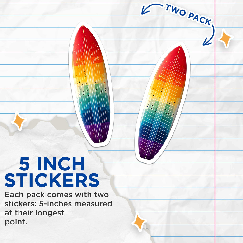 (2 Pack) Rainbow Surfboard Stickers - Colorful Surf Art Decals - Vibrant Stripes Design - 5" On Longest Side - Sticks to Smooth Flat Surfaces - Made in USA - BMCS15032