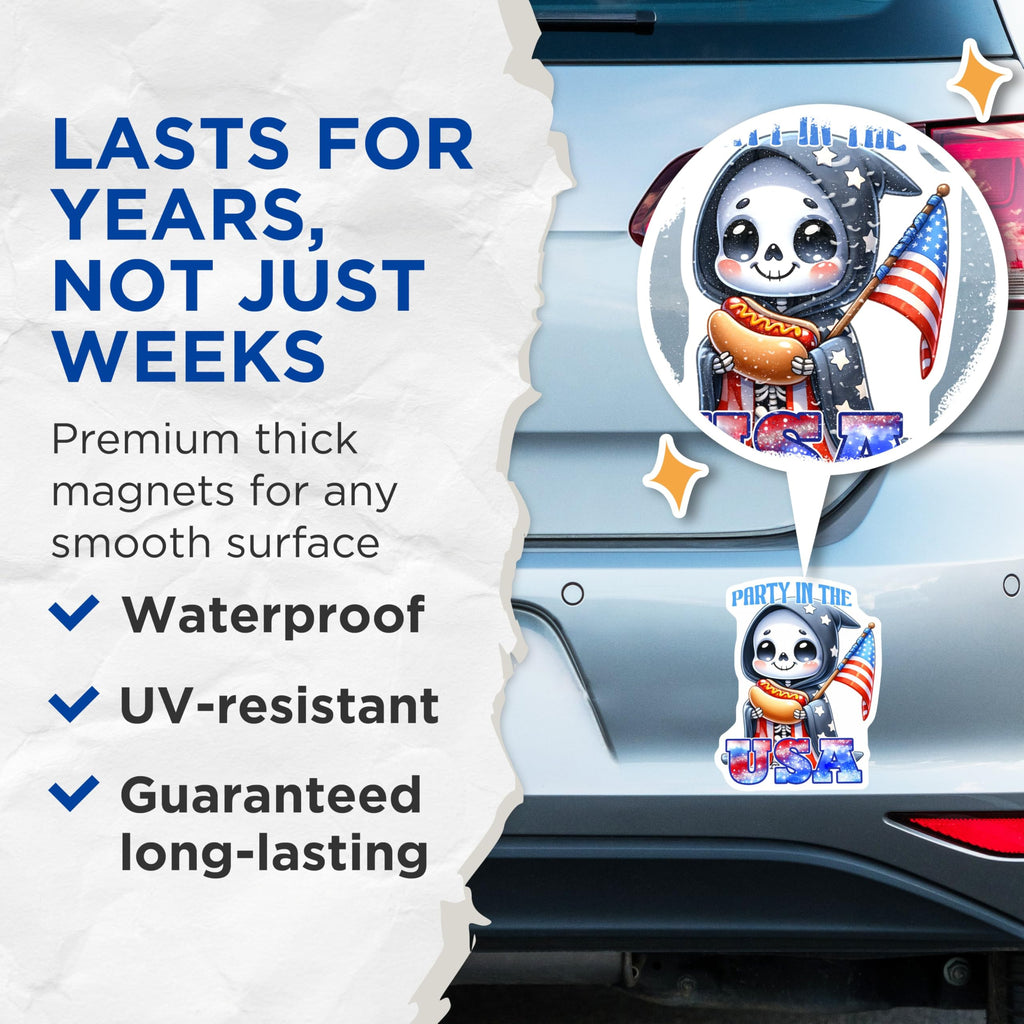 (2 Pack) Party in The USA Skeleton Magnets - Patriotic Kitchen Decor - 5" On Longest Side - for Cars, Fridges, Toolboxes - Made in USA - MAG7909