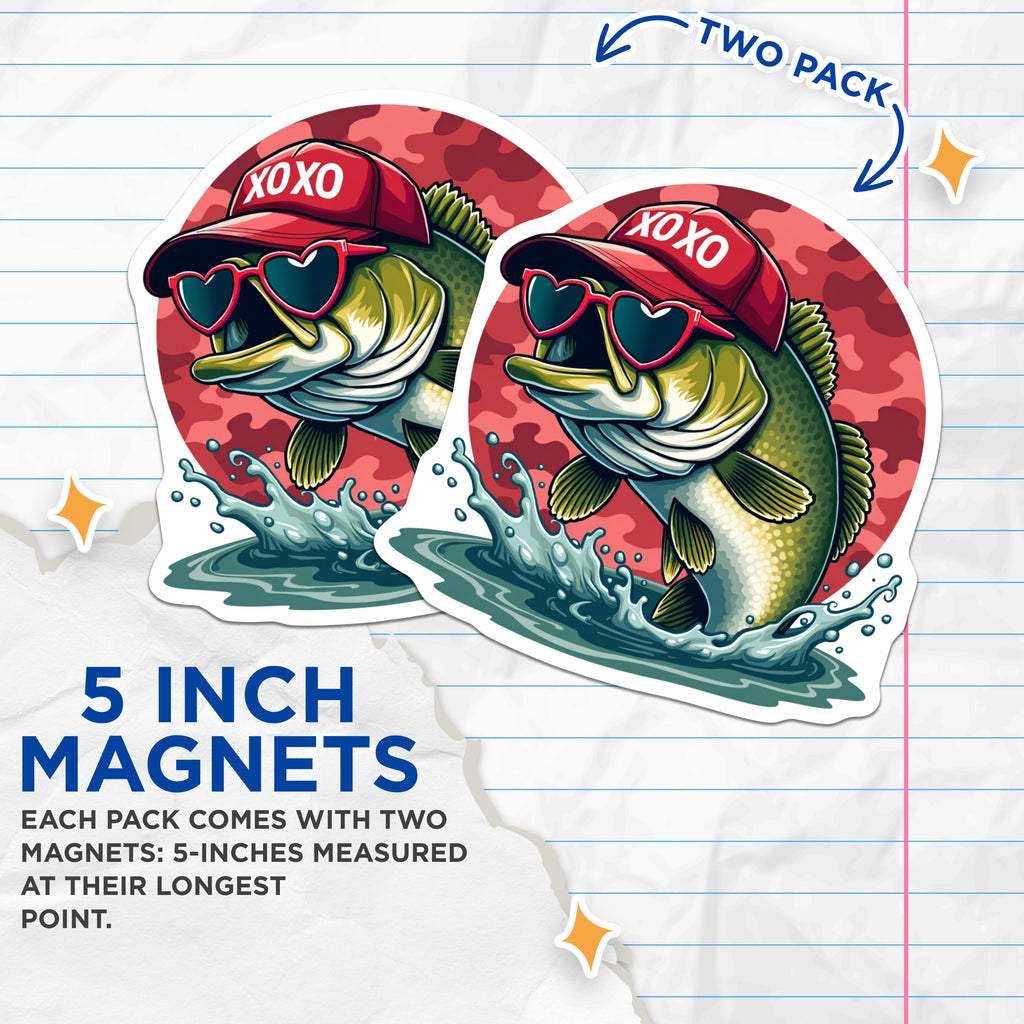 (2 Pack) Funny Fishing Bass Magnets - Heart Sunglasses Fish - Fisherman Valentine's Day Dad Angler Decor - 5" - Durable Magnet - Made in USA - MAG38098