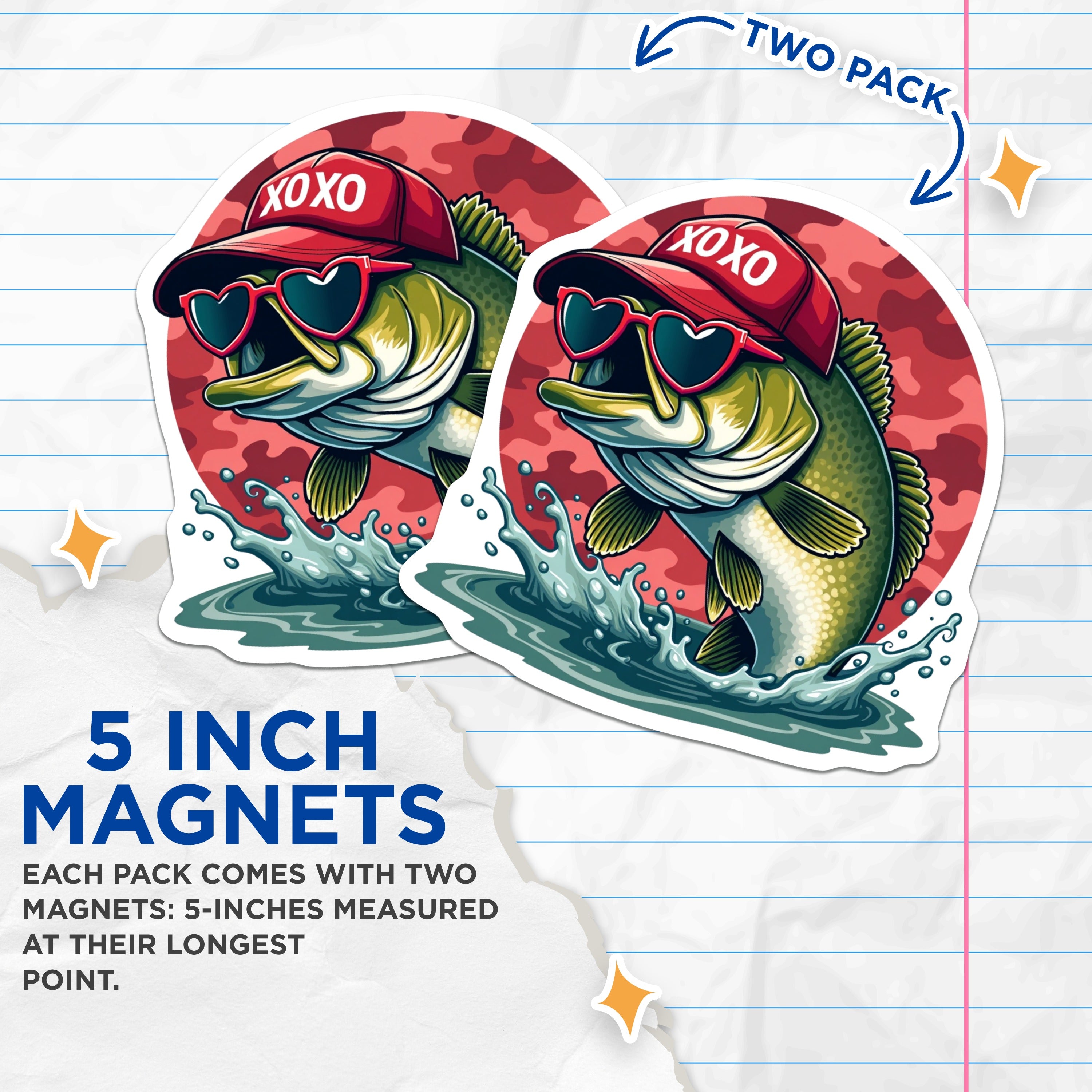 (2 Pack) Funny Fishing Bass Magnets - Heart Sunglasses Fish - Fisherman Valentine's Day Dad Angler Decor - 5" - Durable Magnet - Made in USA - MAG38098