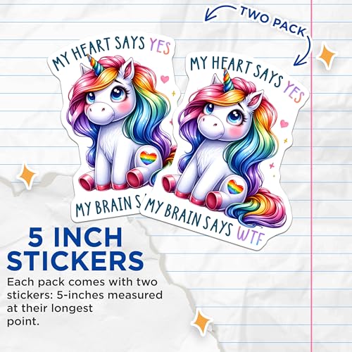 (2 Pack) Cute Unicorn Stickers - Rainbow Unicorn Stickers - Funny Unicorn Art Stickers - 5" On Longest Side - Sticks to Any Smooth Flat Surface - Made in USA - BMCS3342