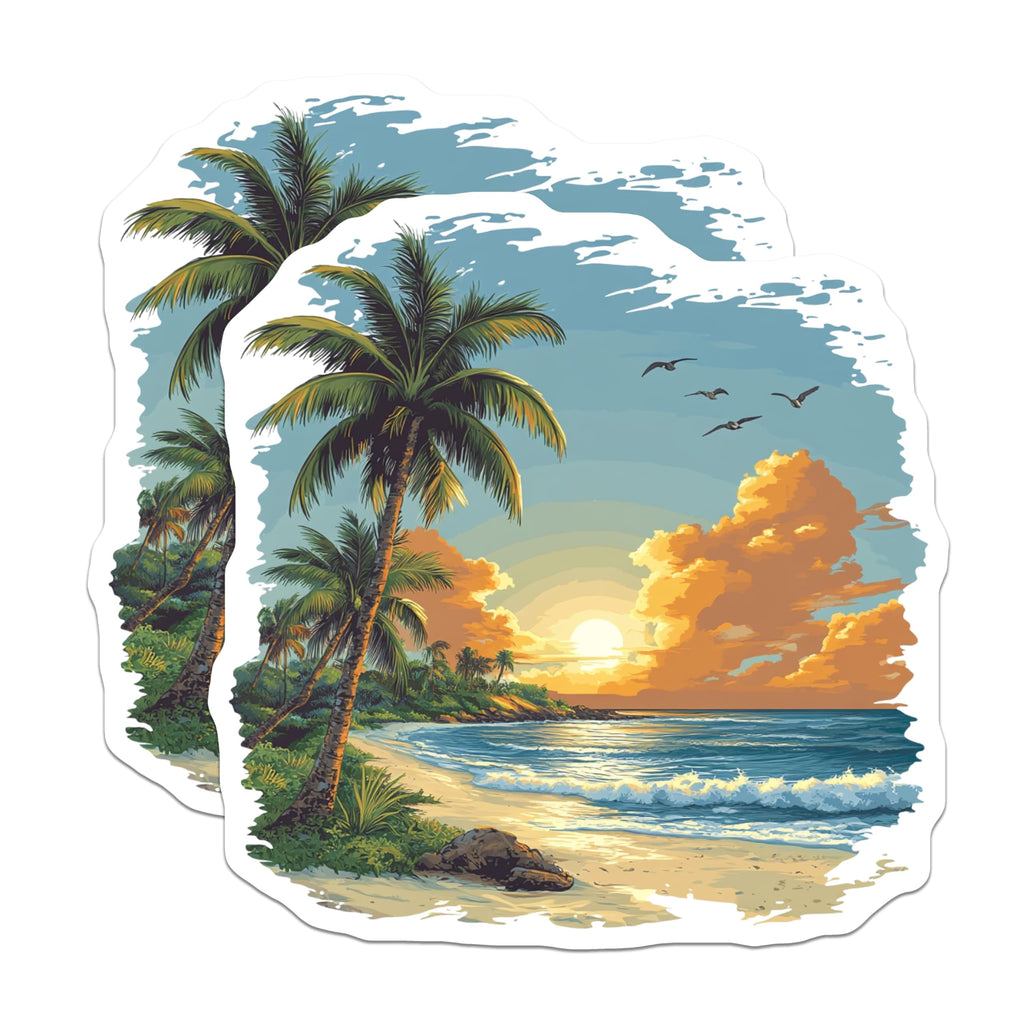(2 Pack) Tropical Beach Sunset Magnets - Palm Tree Ocean Scene - Coastal Decor Refrigerator Art - 5 Inches On Longest Side - Thick Durable Magnet - Made in USA - MAG28642