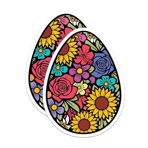 (2 Pack) Flower Egg Stickers - Floral Design - Colorful Flower Decals - 5" On Longest Side - Sticks to Smooth Flat Surfaces - Made in USA - BMCS6076
