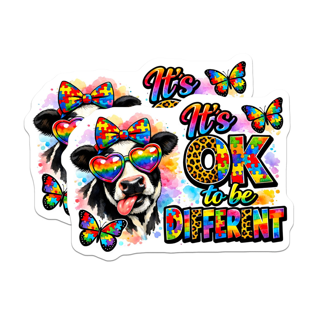 (2 Pack) Autism Awareness Magnets - Neurodiversity Acceptance Cow - It's OK to Be Different Butterfly Decor - 5 Inches On Longest Side - Thick Durable Magnet - Made in USA - MAG29401