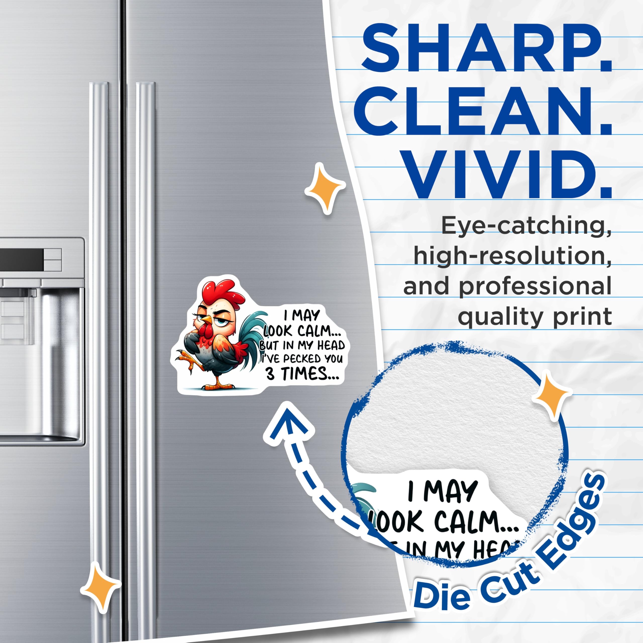 (2 Pack) Funny Chicken Magnets - Sarcastic Humor - Calm But Pecked Refrigerator Decor - 5" On Longest Side - Premium Magnet - for Cars, Refrigerators, Toolboxes, Lockers - Made in USA - MAG17093