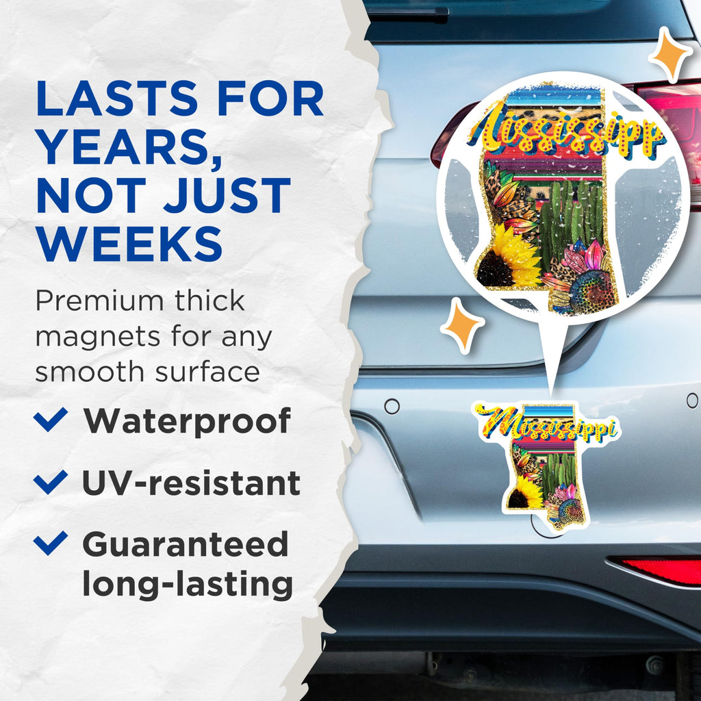 (2 Pack) Mississippi State Magnets - Sunflower Decor - Southwestern Style - 5" On Longest Side - Premium Magnet - for Cars, Refrigerators, Toolboxes, Lockers - Made in USA - MAG18870
