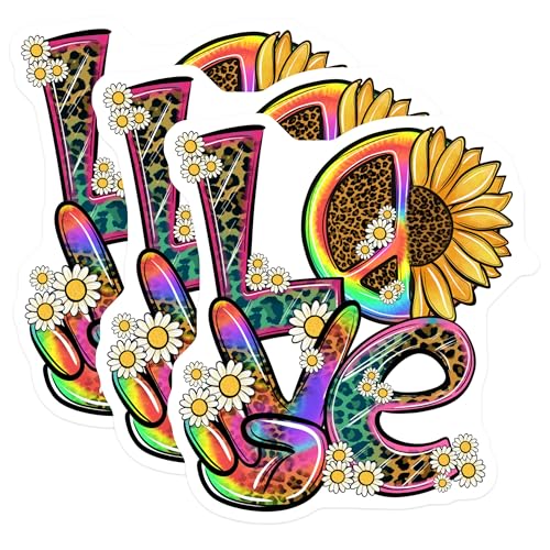 (3 Pack) Love Peace Sign Decals - Leopard Print - Sunflower Laptop Decal - 3 Inches On Longest Side - Easy Peel & Apply - Made in USA - 3MCS4957