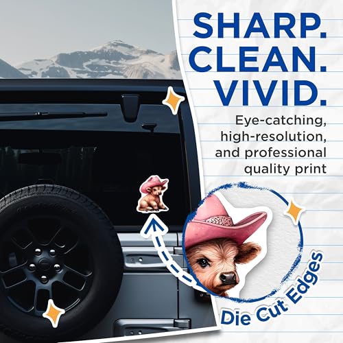 (2 Pack) Cute Baby Cow Stickers - Pink Cowboy Hat Cow Stickers - Adorable Animal Stickers for Laptops Notebooks - 5" On Longest Side - Sticks to Any Smooth Flat Surface - Made in USA - BMCS3612