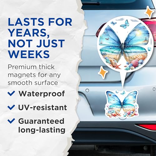 (2 Pack) Beach Scene Butterfly Magnets - Nautical Decor - Vacation Memory Display - Ocean View Magnets - Seaside Artwork - 5" On Longest Side - for Cars, Fridges, Toolboxes - Made in USA - MAG6879